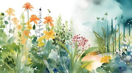 Watercolor summer meadow with flowers and grass. Hand drawn illustrationの素材