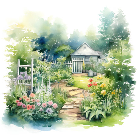 Watercolor summer landscape with cottage and garden. Watercolor illustration.の素材