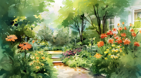 Watercolor summer landscape with blooming flowers in the city park.の素材