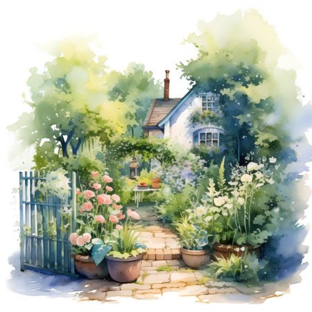 Hand drawn watercolor illustration of a cozy cottage in the garden.の素材