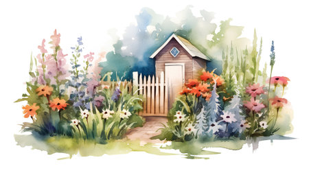 Watercolor illustration of a small wooden house in the garden with flowers.の素材