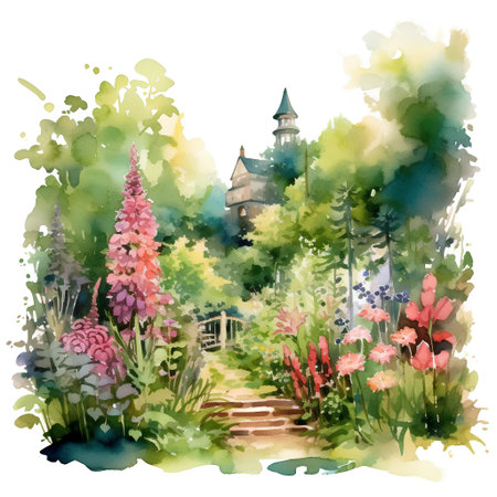 Watercolor summer landscape with old house and pink lupine flowers.の素材
