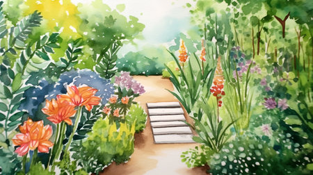 Watercolor landscape with path and flowers. Hand drawn watercolor illustration.の素材