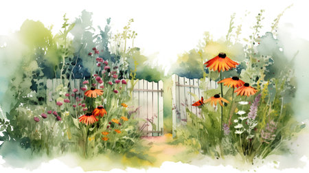 Watercolor summer landscape with flowers and fence. Hand drawn illustration.の素材