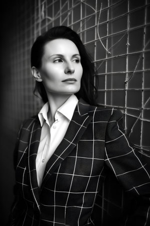 Portrait of a beautiful young business woman in suit. Studio shot.の素材