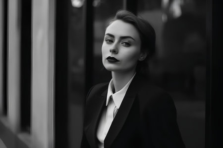 Black and white portrait of a beautiful young woman in a business suitの素材
