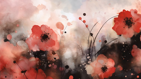 Watercolor floral background with red poppies. Hand-drawn illustration.の素材