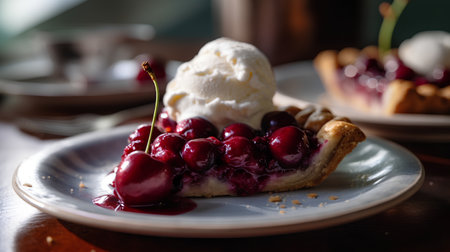 Cherry pie with ice cream on a wooden table. Selective focus.の素材