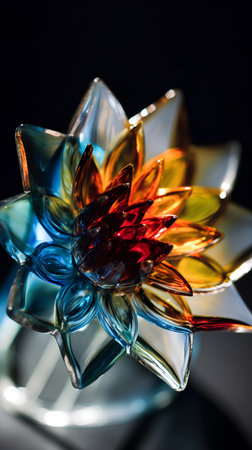 Macro shot of colorful glass flower on black background, shallow depth of fieldの素材