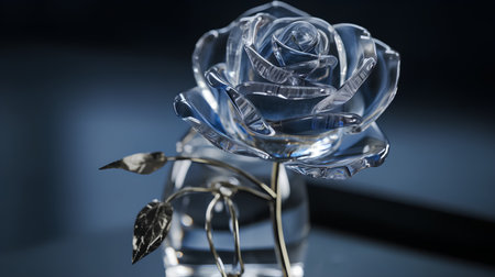 Blue rose in glass vase on dark background. 3d renderの素材
