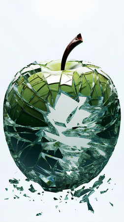 Broken green apple on a white background. 3d illustration.の素材