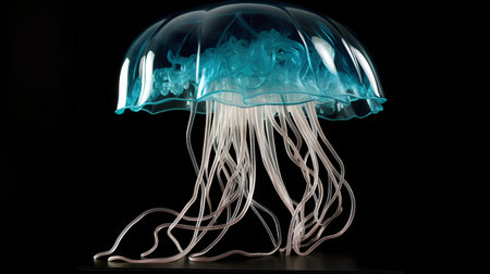Blue jellyfish on a black background. 3d rendering. High quality photoの素材