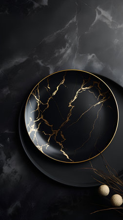 Luxury black and golden ceramic plate on black marble background. Top view.の素材