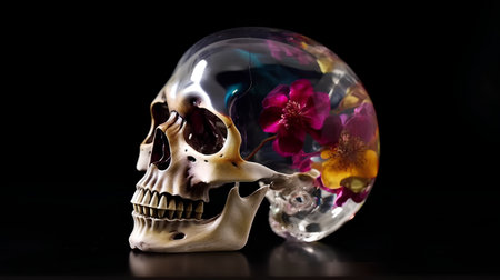 Human skull and flower inside a crystal ball on a black background.の素材