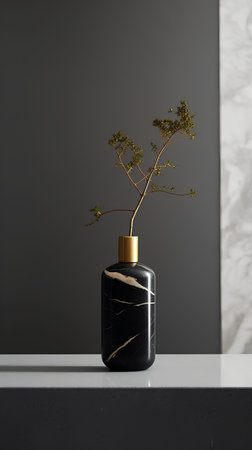 Cosmetic bottle mockup with golden plant on black background. 3d renderの素材