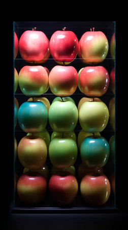 Colorful apples in a glass box on a black background. Studio shot.の素材