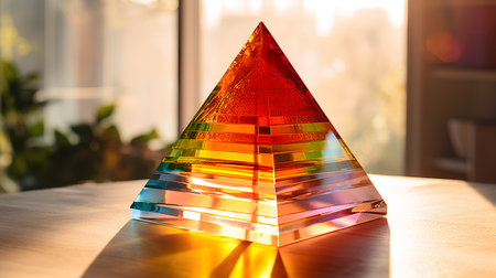 Pyramid of colorful glass on the table in the morning light.の素材