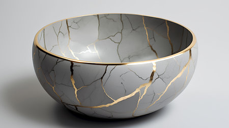 3d render of marble bowl with gold pattern on a white backgroundの素材