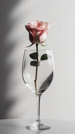 pink rose in a wine glass on a gray background with shadowsの素材