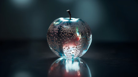 glass apple with water drops on dark background, 3d render illustrationの素材