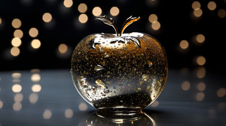 golden apple with drops of water on a black background with bokehの素材