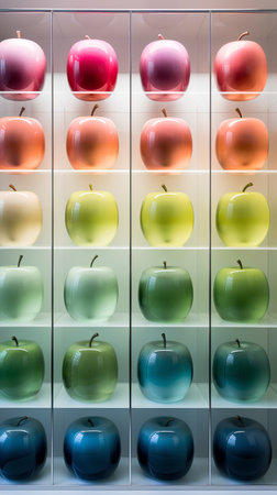 Colorful apples in a shelf in a store. 3d renderの素材