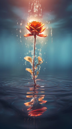 Red rose floating in the water. 3d rendering, 3d illustration.の素材
