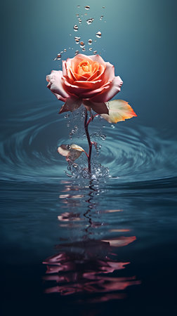 Beautiful pink rose on a dark blue background with water drops.の素材