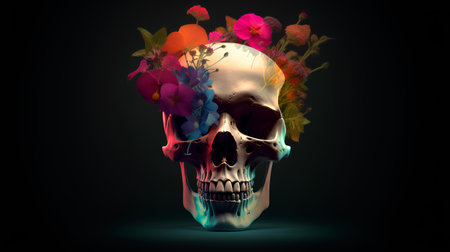 Skull with flowers on a dark background. 3d illustration.の素材
