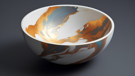 White ceramic bowl with gold and blue marble pattern. 3d render illustrationの素材