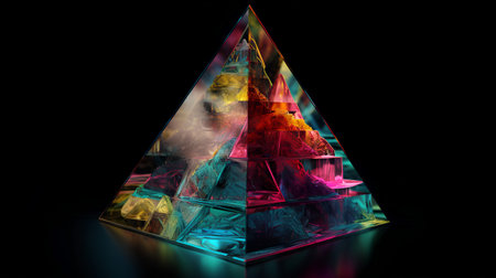 Pyramid of colorful pyramid on a black background. 3d illustrationの素材