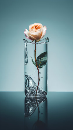 Roses in a glass vase with water on a blue backgroundの素材