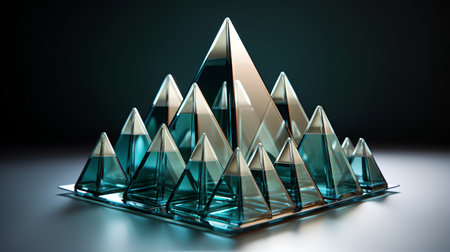 3d render of glass pyramid on black background. 3d illustrationの素材