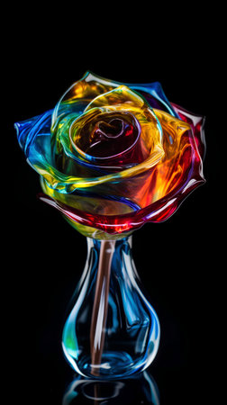 Multi-colored glass rose on a black background. Close-up.の素材