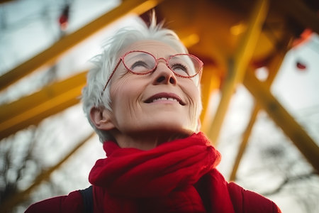 Portrait of senior woman wearing red scarf and eyeglasses at amusement parkの素材