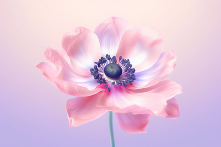 Beautiful pink anemone flower on a purple background. 3d renderingの素材