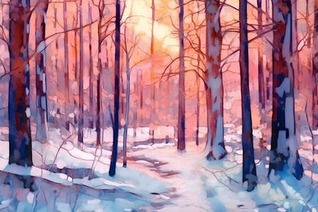 Winter forest with snow. Digital watercolor painting. Vector illustration.の素材
