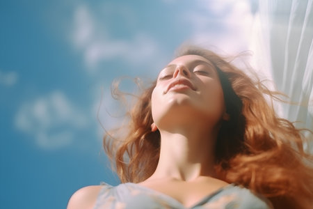 Portrait of beautiful young woman with closed eyes against blue sky.の素材