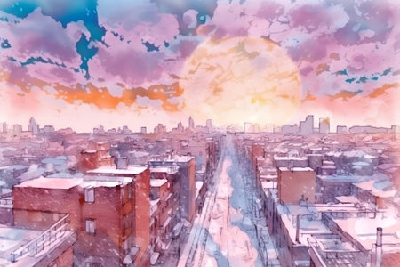 Aerial view of the city at sunset. Digital watercolor painting.の素材
