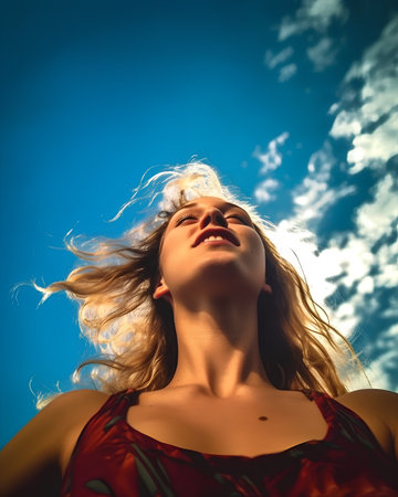 Portrait of a beautiful young woman on the blue sky background.の素材