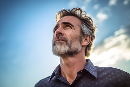 Handsome middle-aged man with long gray hair and beard, wearing a blue shirt, looking up into the sky.の素材