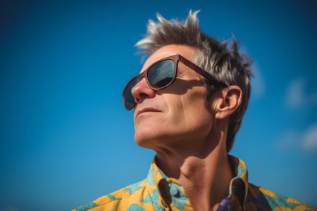 Portrait of a handsome middle-aged man in sunglasses against the blue skyの素材