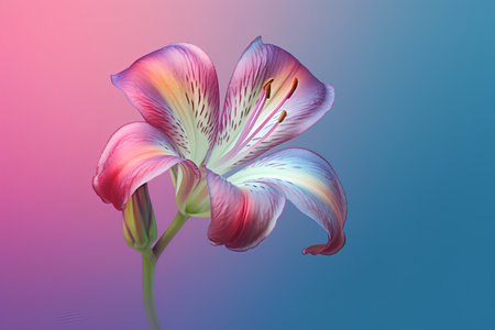 Purple and pink lily flower on blue background. Realistic vector illustration.の素材