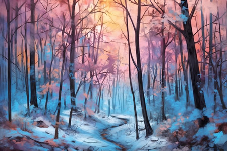 Winter forest. Watercolor painting on canvas. Winter forest landscape.の素材