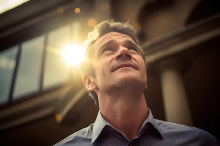 Portrait of a middle-aged man looking up at the skyの素材