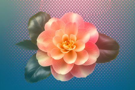 Camellia flower on blue background with halftone dotsの素材