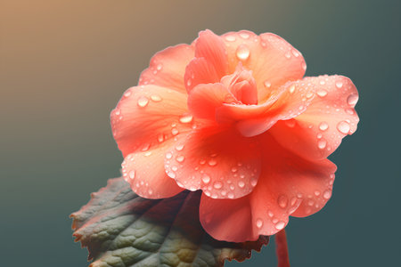 Beautiful red begonia flower with dew drops on dark backgroundの素材