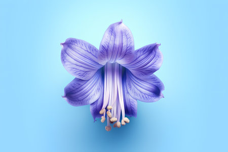 Purple lily flower on blue background. 3d illustration.の素材