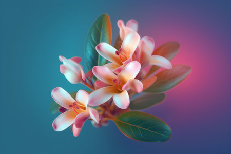 Pink frangipani flower on blue background. Floral designの素材