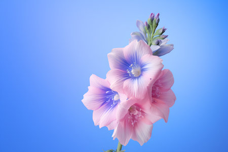 Hollyhock flowers isolated on blue background with copy space.の素材